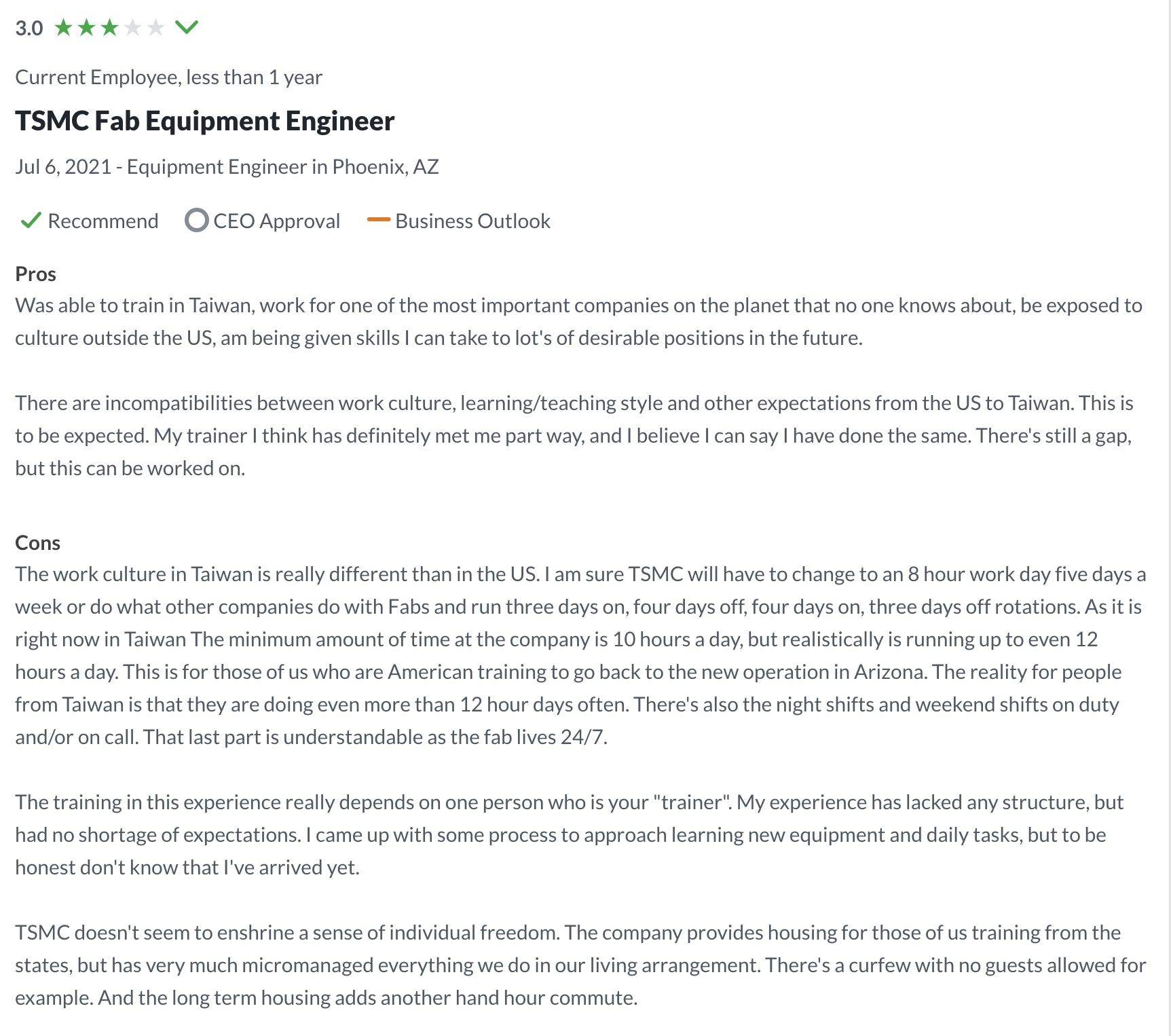美籍工程師分享在台灣台積電受訓的心得。（擷自「Glassdoor」）