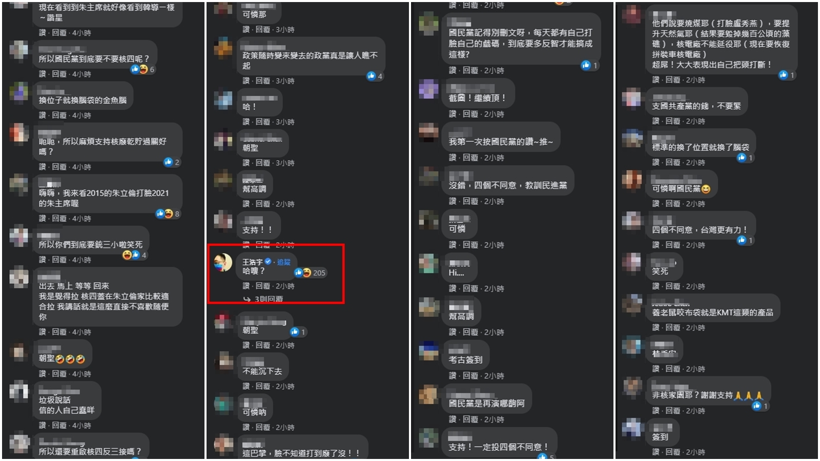 前綠黨議員王浩宇（紅匡處）也在貼文底下留言。（翻攝自國民黨臉書）