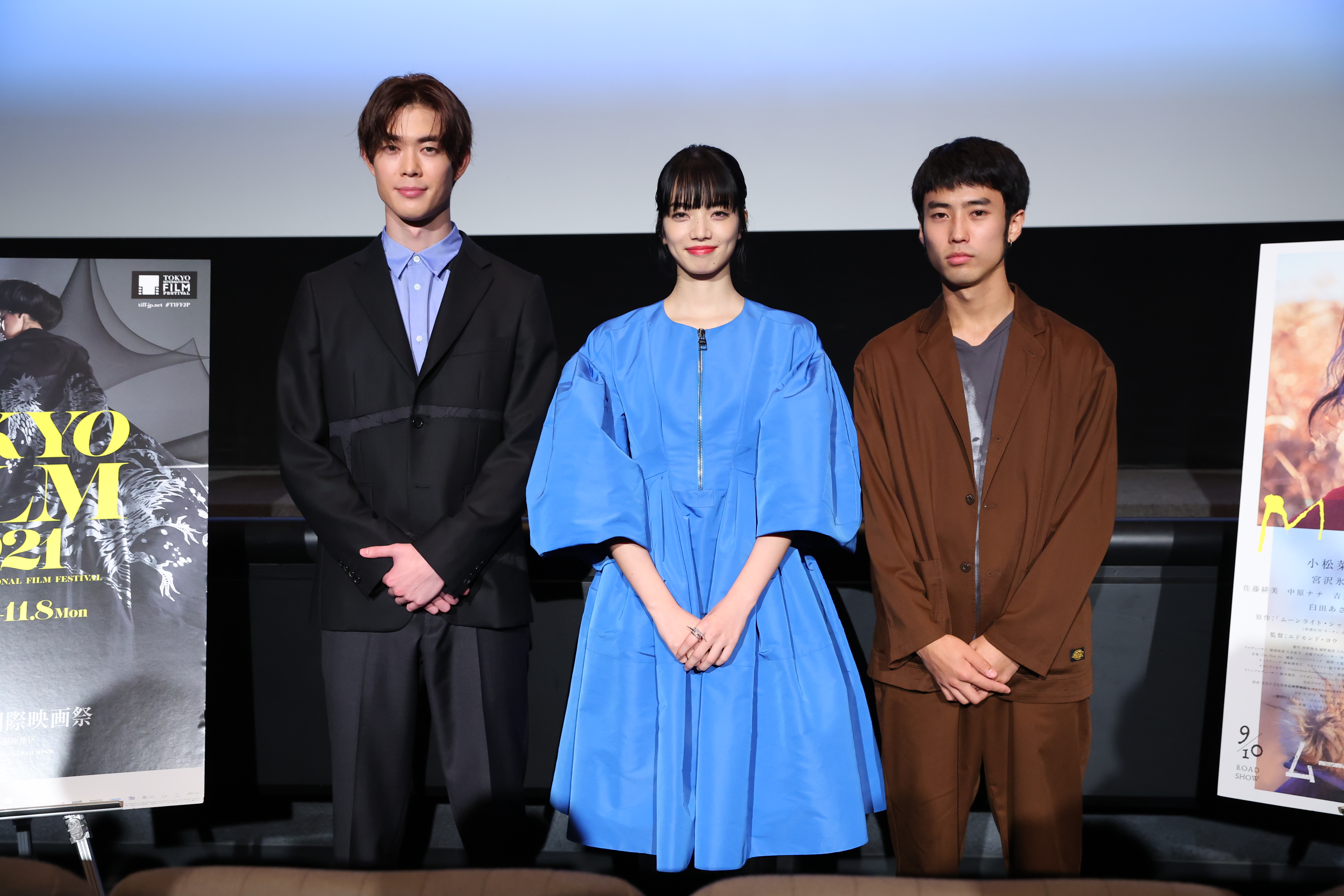 宮澤冰魚（左起）、小松菜奈、佐藤緋美昨出席新片《月影》在東京影展的放映。（東京國際影展提供）