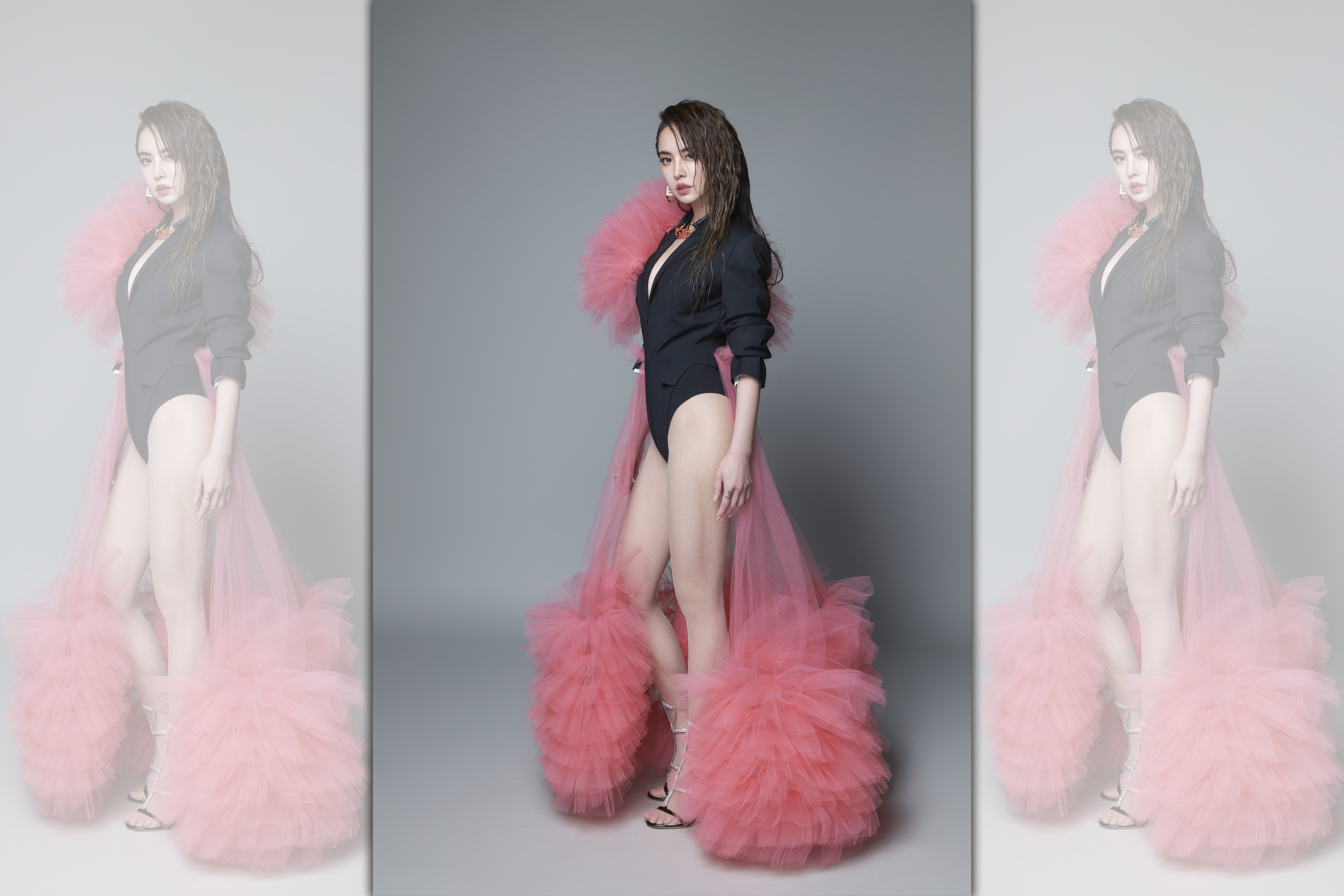 Jolin一襲西裝外套搭配粉紅長紗，讓她一雙美腿盡顯無遺。（索尼提供）