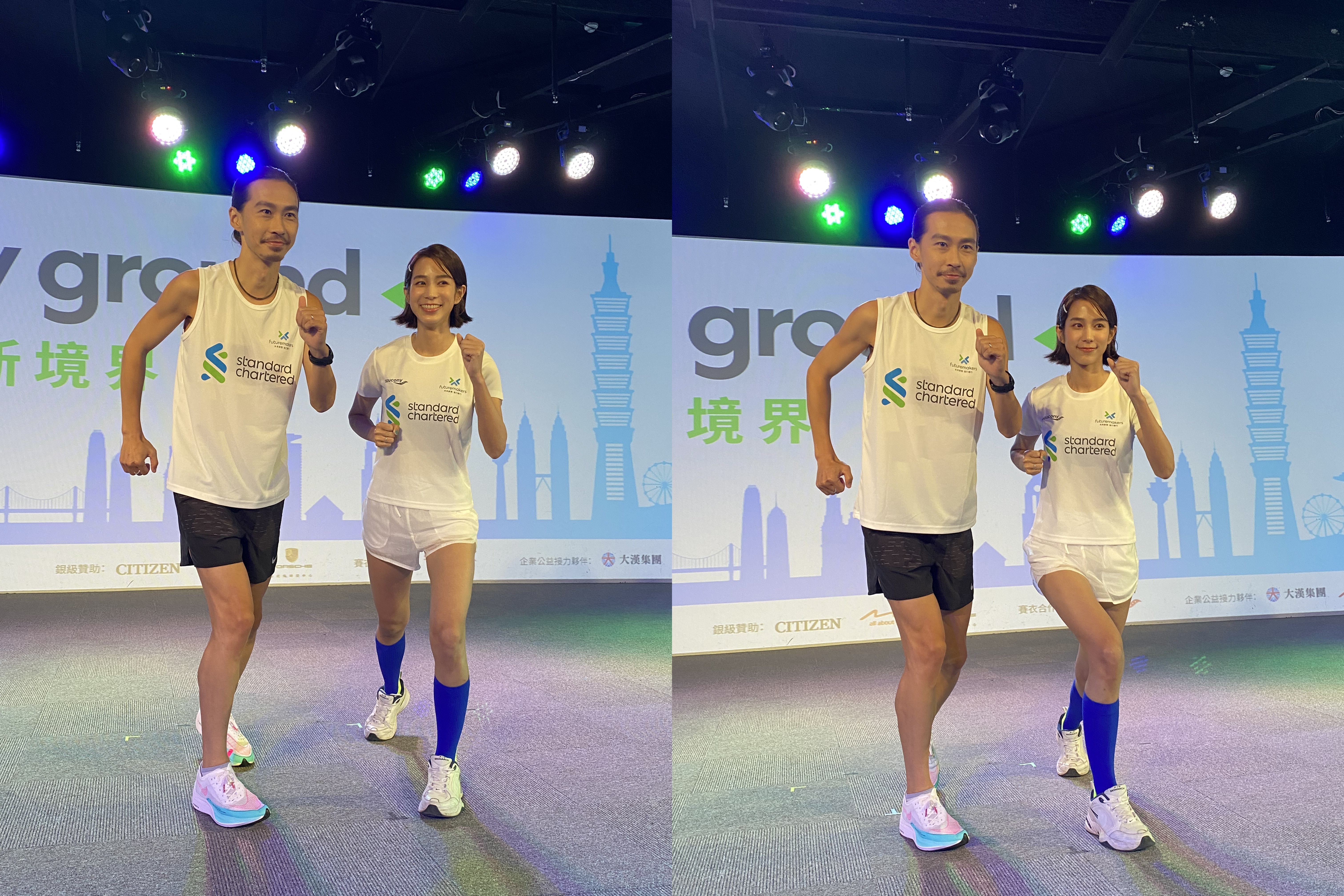 温貞菱和國手張嘉哲今天為渣打台北馬拉松比賽開跑記者會造勢。