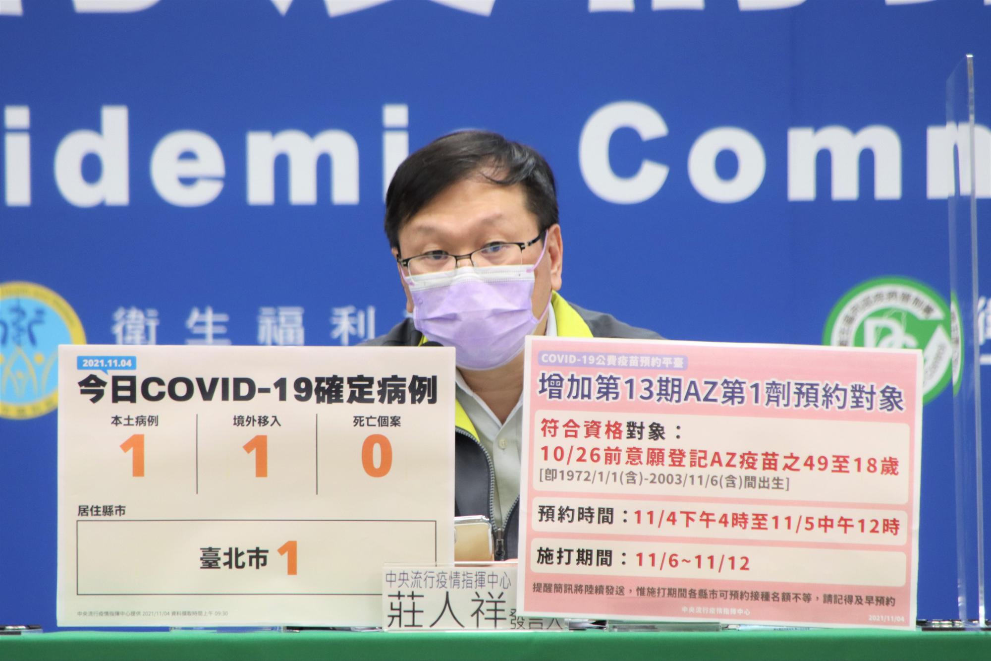 台灣今（4日）新增1例本土個案及1例境外移入的新冠肺炎（COVID-19）確診病例，並將加開第13期疫苗預約資格。（指揮中心提供）
