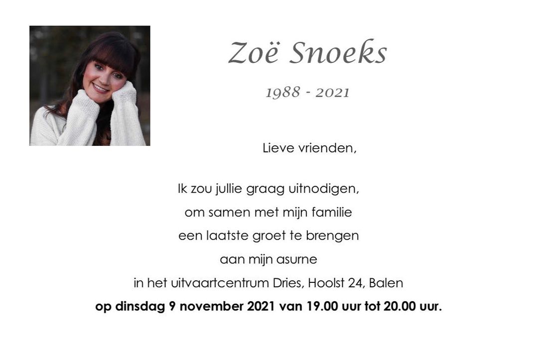 柔伊的家人在網路上發出她不幸過世的消息。(翻攝Zoe Snoeks IG)
