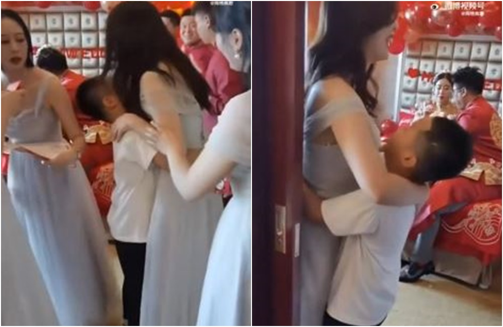 中國一名男童在婚禮現場，不斷親密摟抱4伴娘，引發網友爭議。（翻攝微博）