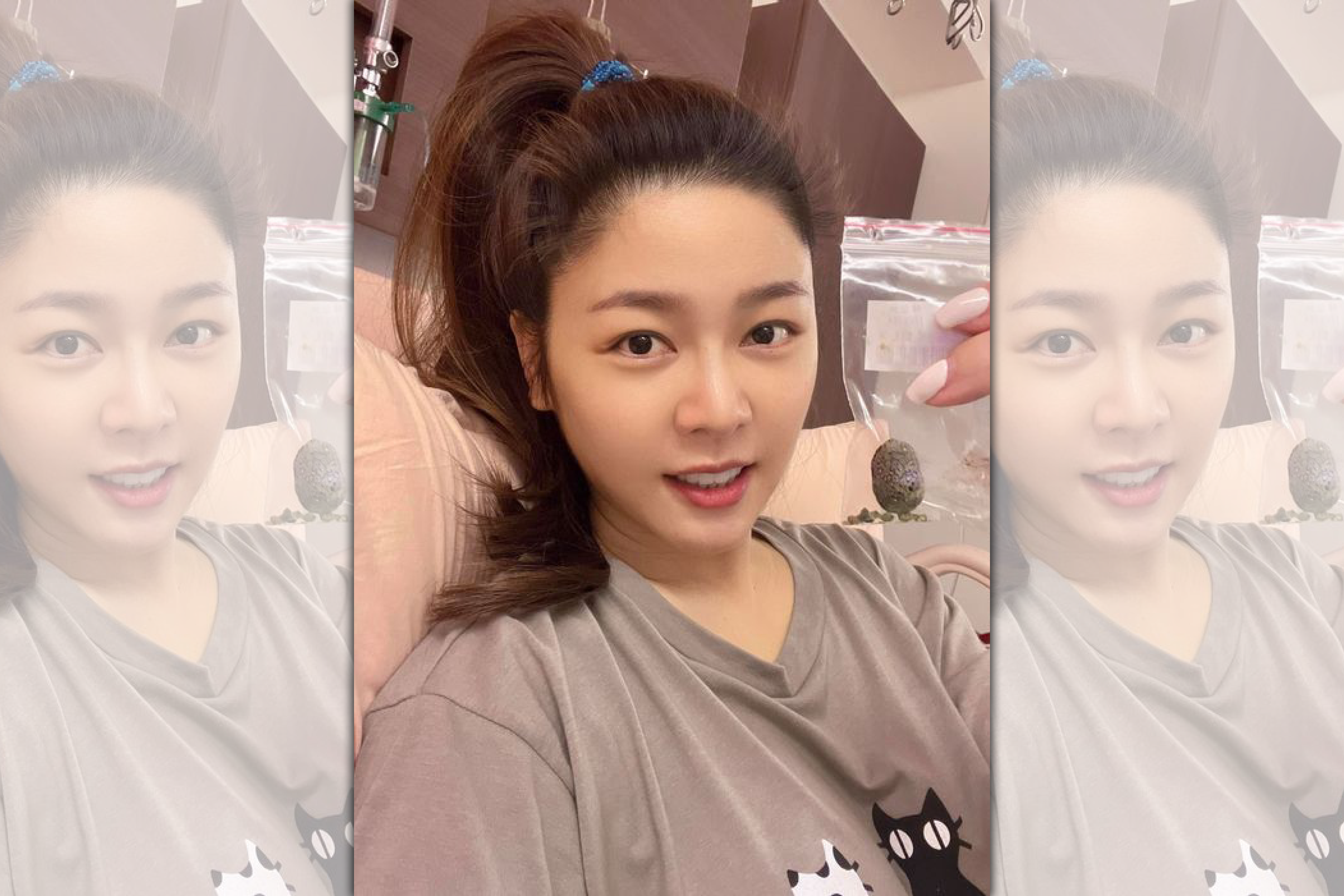 白家綺手拿膽結石在病床上報平安。（翻攝白家綺臉書）