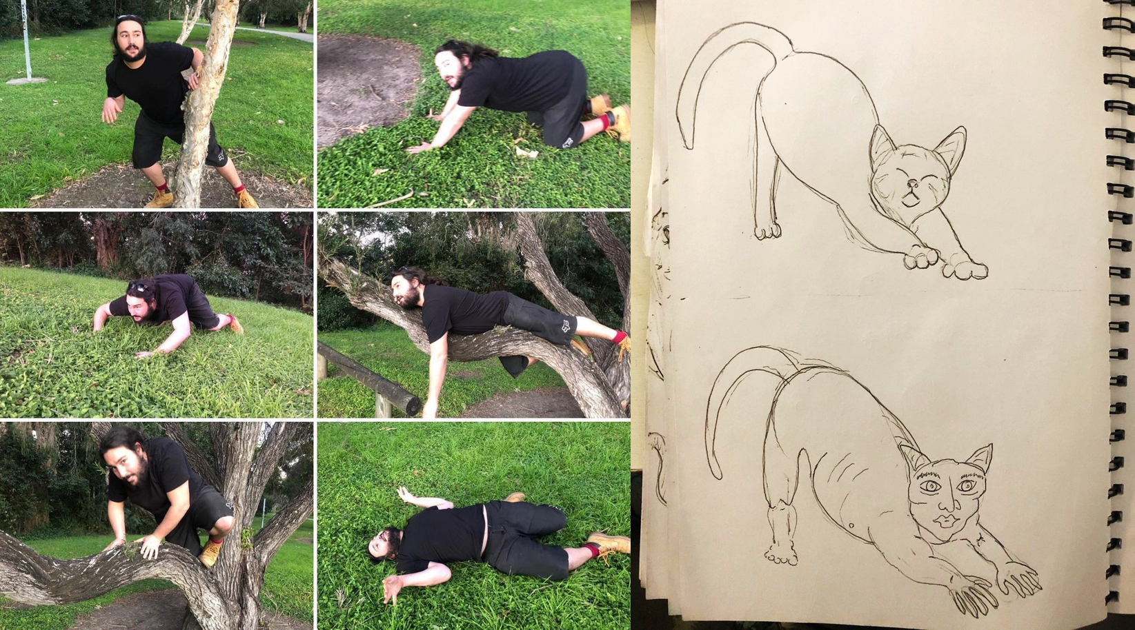 Jason Sank親自到森林中做模擬動作,並手繪創作出貓人奇幻的外貌,作為雕塑的草圖。(翻攝IG@gravelblot)