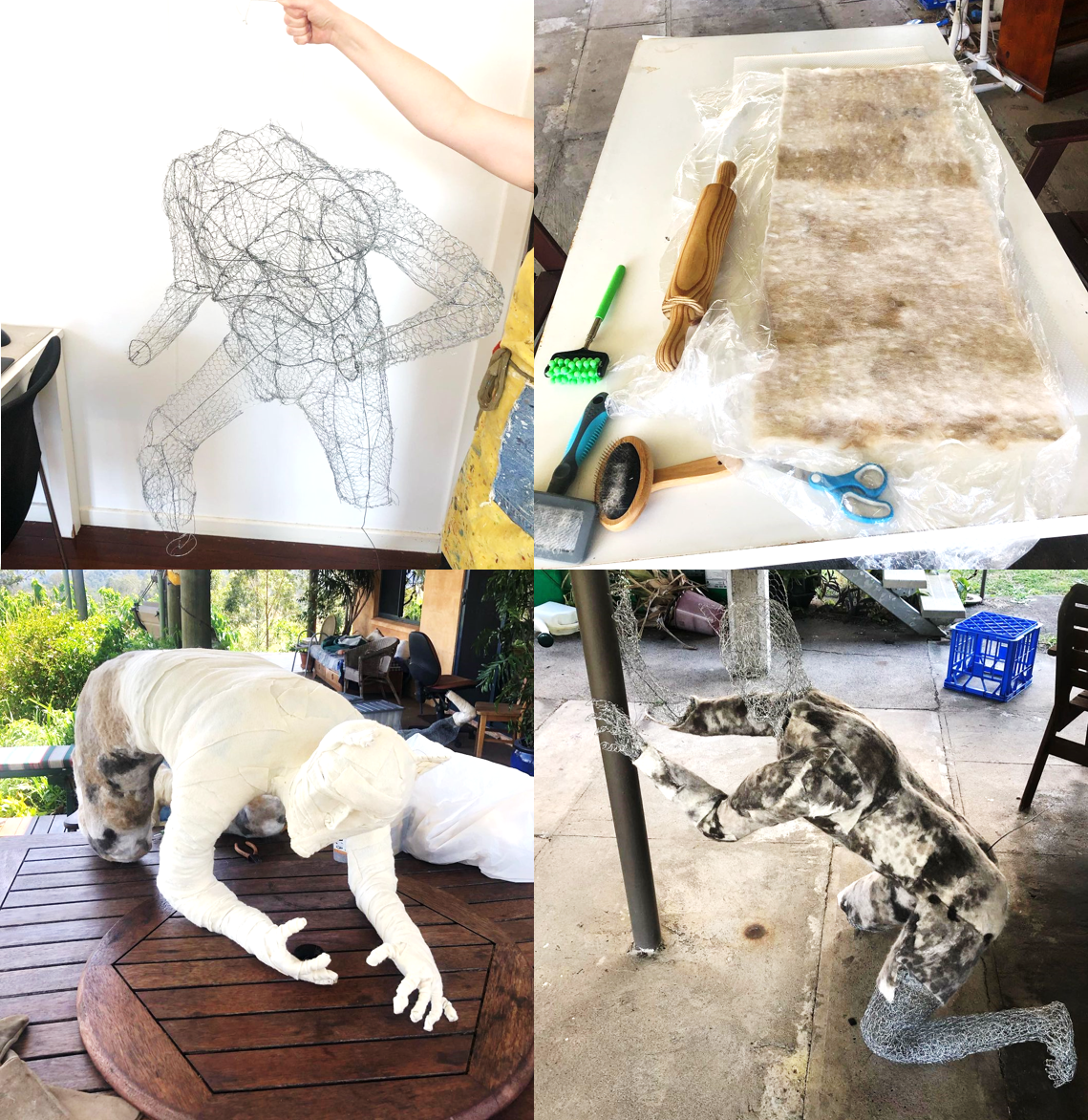 藝術家參考照片中的動作,用鐵絲做出骨架,覆蓋上布料後再將壓制成片的貓毛貼上。Jason Sank提到原本想用貓毛氈的方式,但考慮到會太費時而作罷。(翻攝IG@gravelblot)