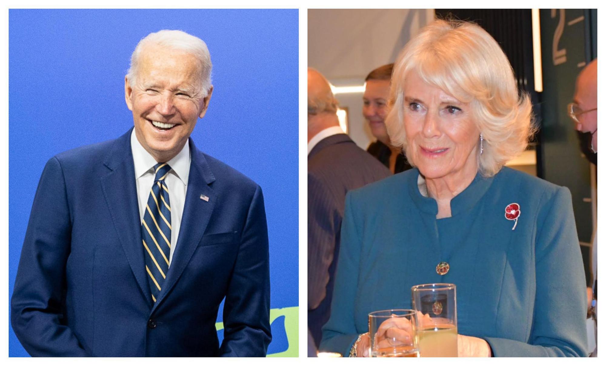 拜登(左)被傳在COP26晚宴放大屁,嚇呆卡蜜拉(右)。(翻攝POTUS、ClarenceHouse推特)