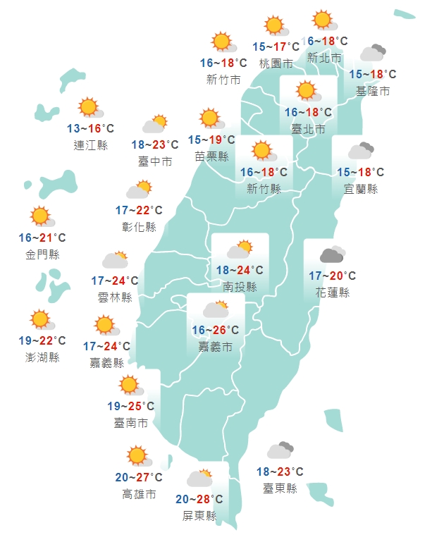 全台各地今日白天天氣狀況一覽。(中央氣象局提供)
