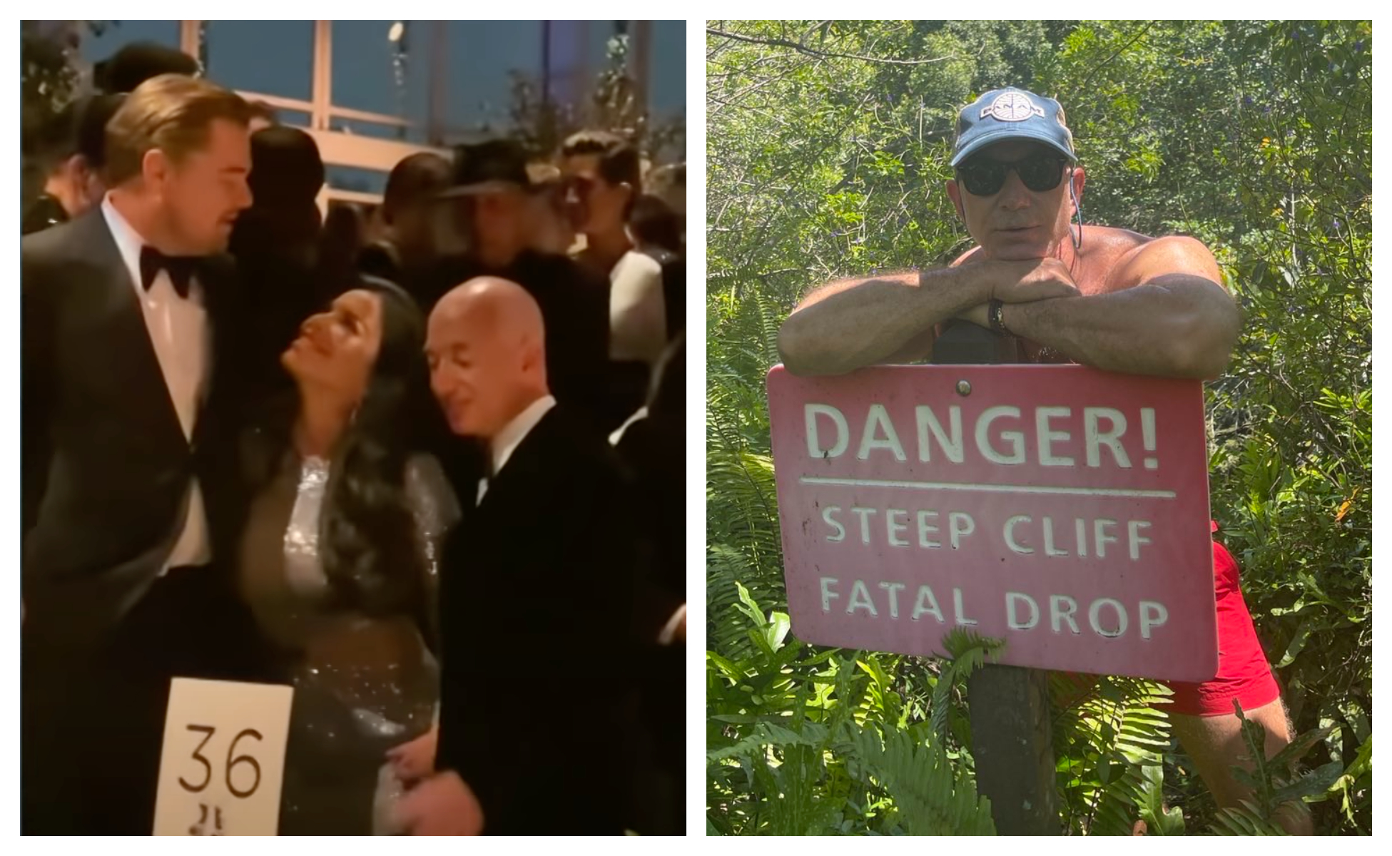 桑琪絲（左圖中）在派對上「乳貼」李奧納多（左圖左），讓貝佐斯（右圖）在推特宣戰。（翻攝barstoolsports、JeffBezos推特）