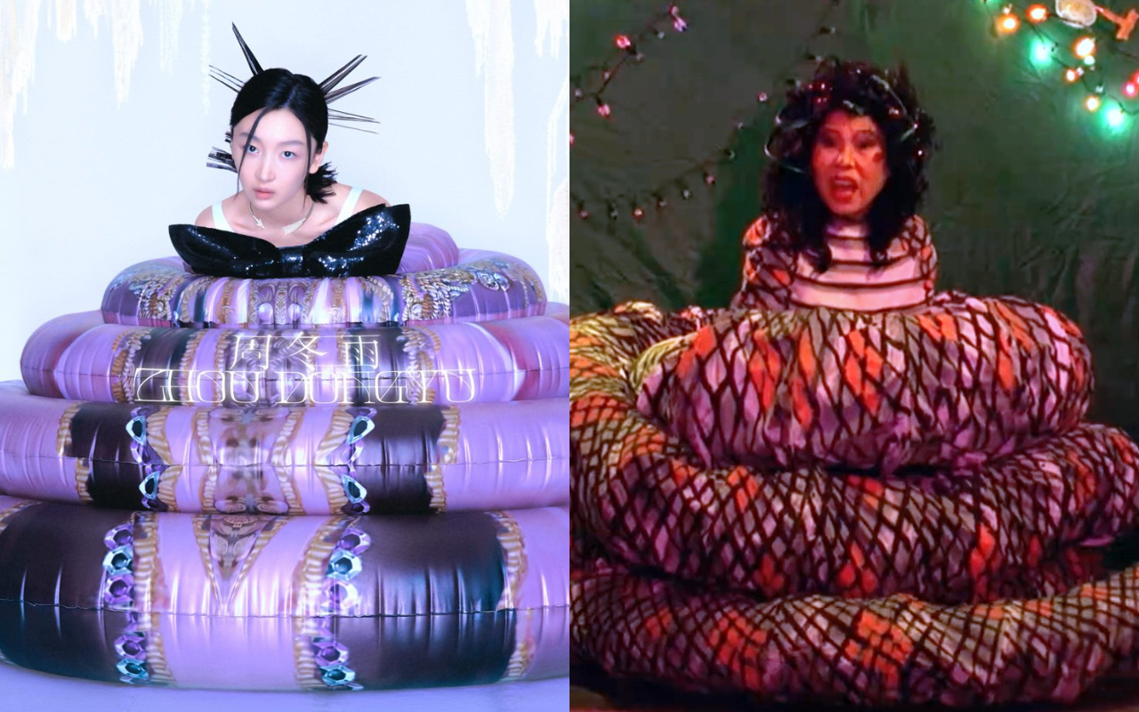 周冬雨（左圖）的最新封面造型，與文英阿姨（右圖）的舊作相撞。（翻攝自《theBallroom》微博、公視粉絲團臉書）