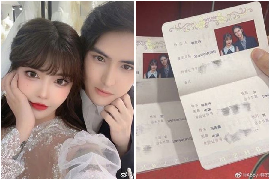 中國22歲百萬網紅韓安冉與大4歲的馬澤鑫認識10天就閃婚。（翻攝自微博Abby-韓安冉）