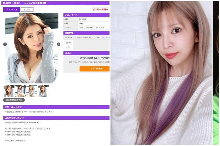 坂口杏里近日被爆下海賣春。（翻攝自kagayaki、坂口杏里IG）