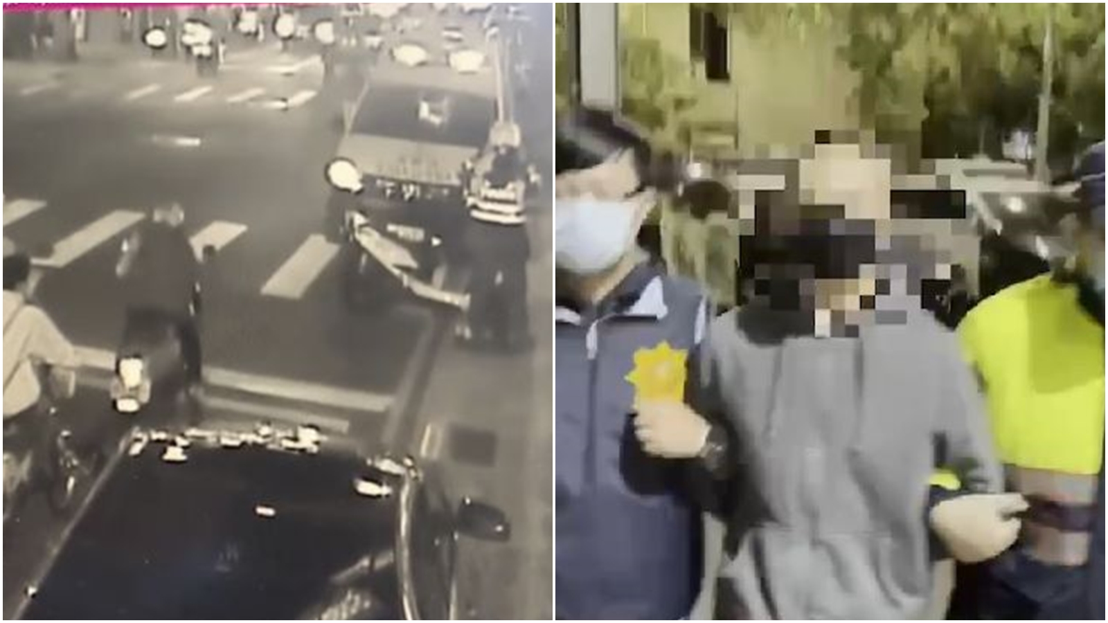 新莊婦因擦撞糾紛遭路人刺傷送醫（左圖），嫌犯約2小時被警方逮捕。（翻攝畫面）
