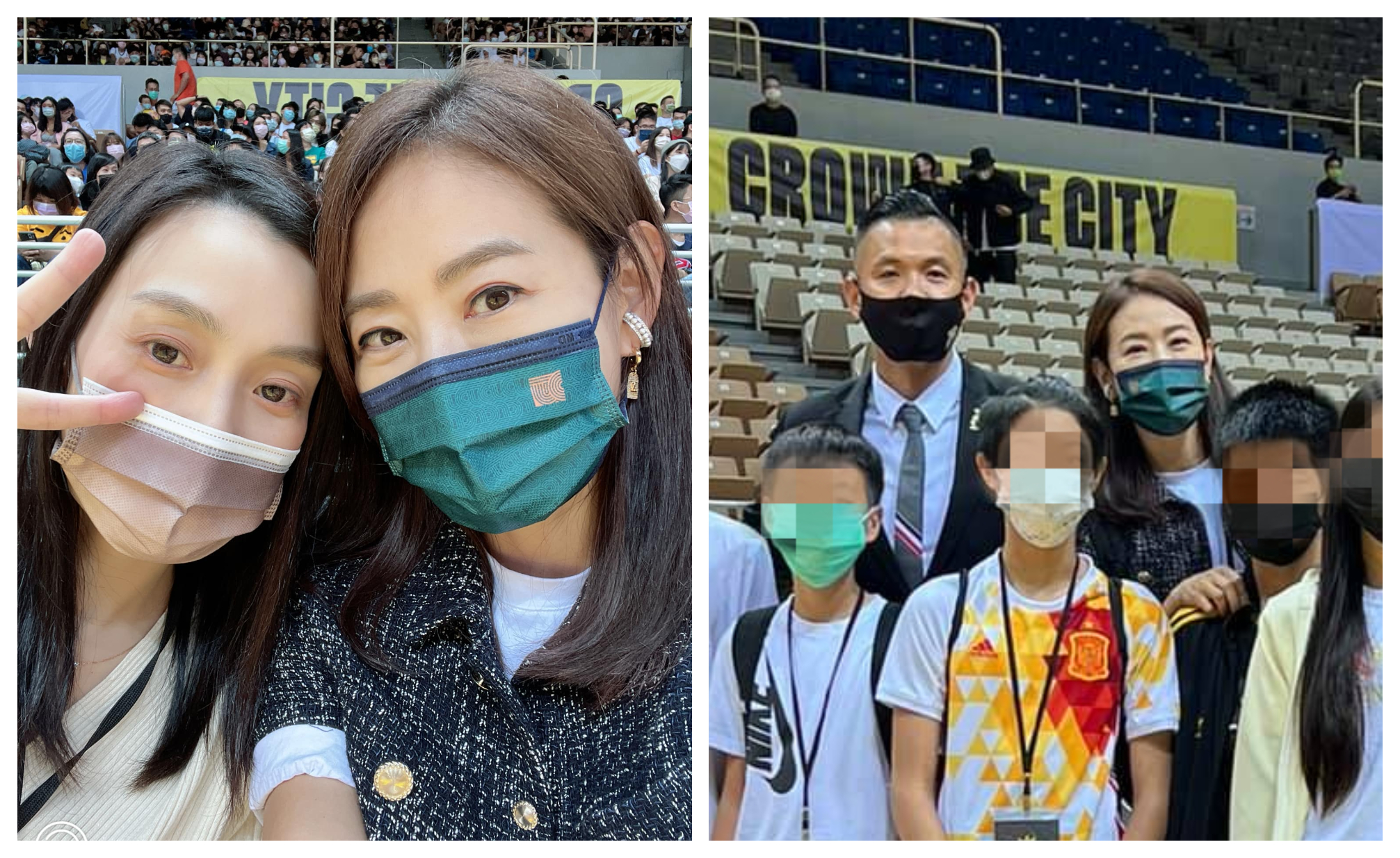 賈永婕日前受黑人（右圖後左）邀請看籃球賽，與范瑋琪貼臉自拍（左圖）。（翻攝賈永婕臉書）