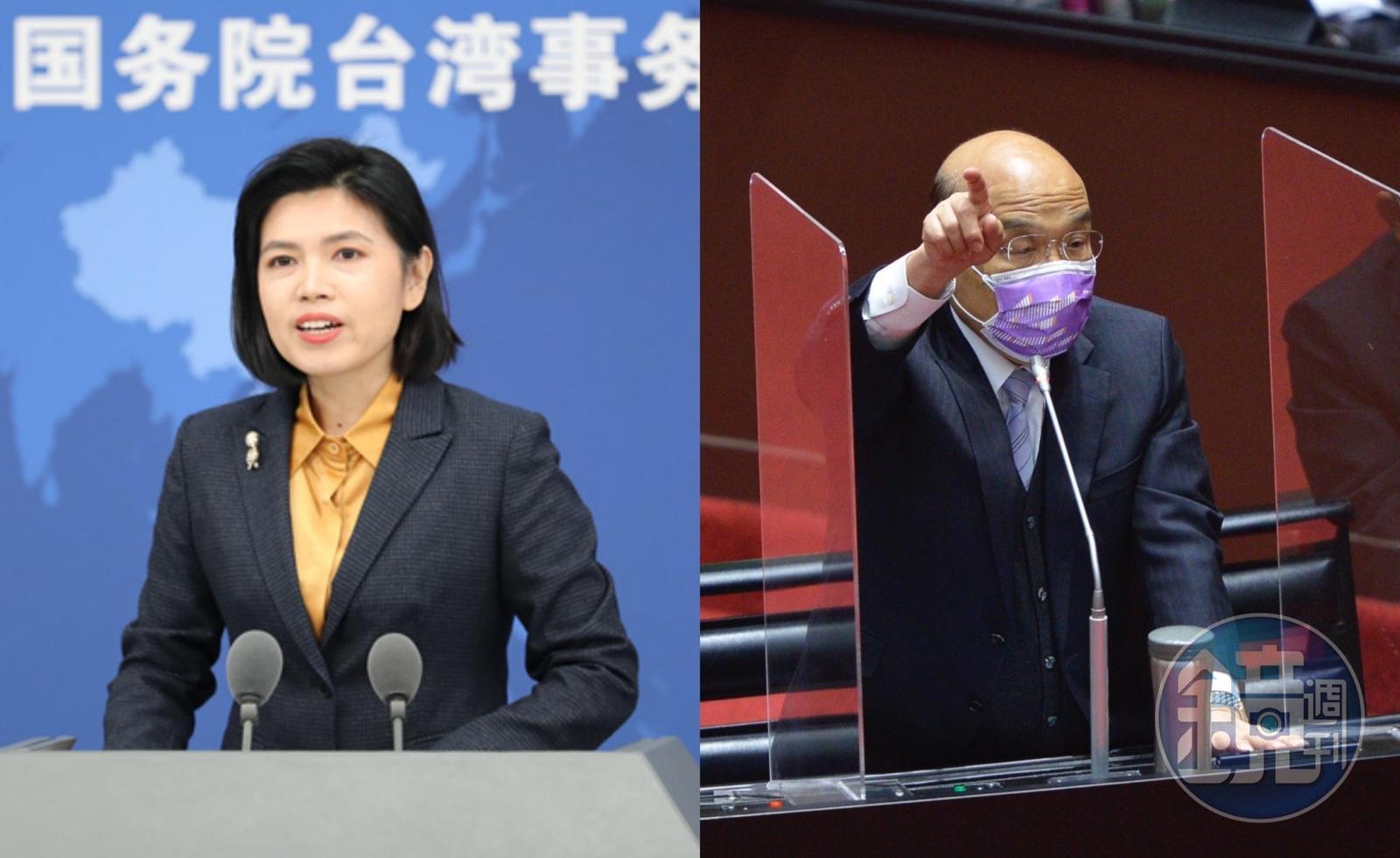 國台辦發言人朱鳳蓮（左）對於美國國會議員來台訪問表示抗議；行政院長蘇貞昌（右）則對美國多次為台發聲表示感謝。（左翻攝自國台辦直播網站）