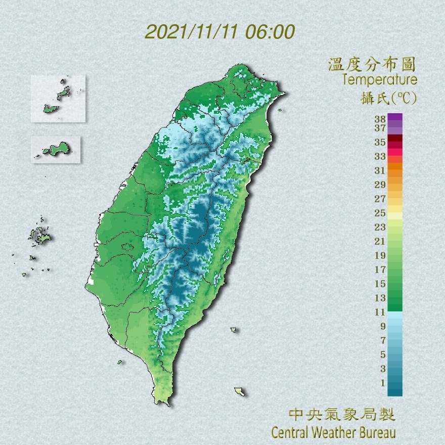 中央氣象局公布全台溫度發布。（中央氣象局提供）
