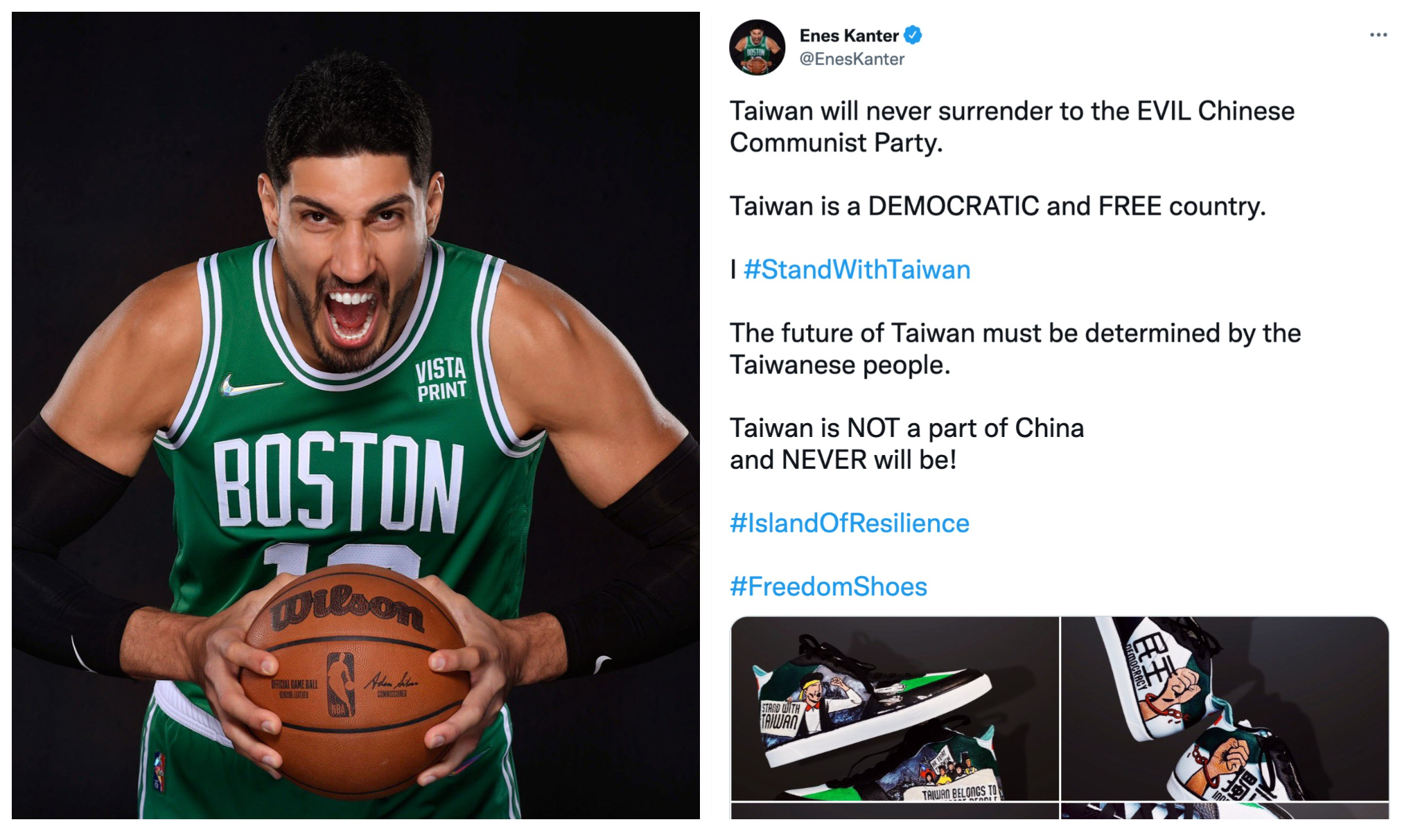 坎特在推特發文挺台灣，「台灣永遠不是中國的一部分」。（翻攝Enes Kanter推特）