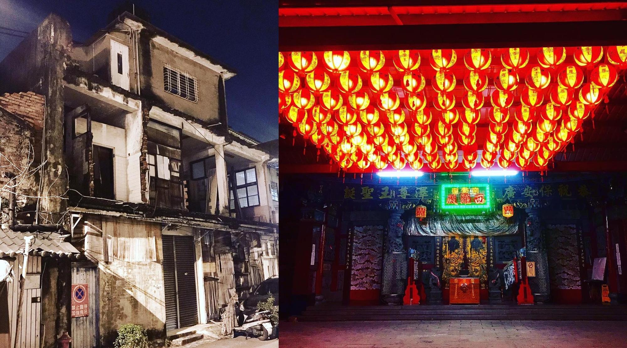 小說裡台灣魔術家族之首侯家的古宅廢墟參考（圖左），是吳威邑在台南家附近取材時發現的；台南南勢街西羅殿（圖右），小說裡宮廟也是魔術師棲身之所。台灣廣澤尊王信仰中心南勢街西羅殿就在吳威邑家附近。