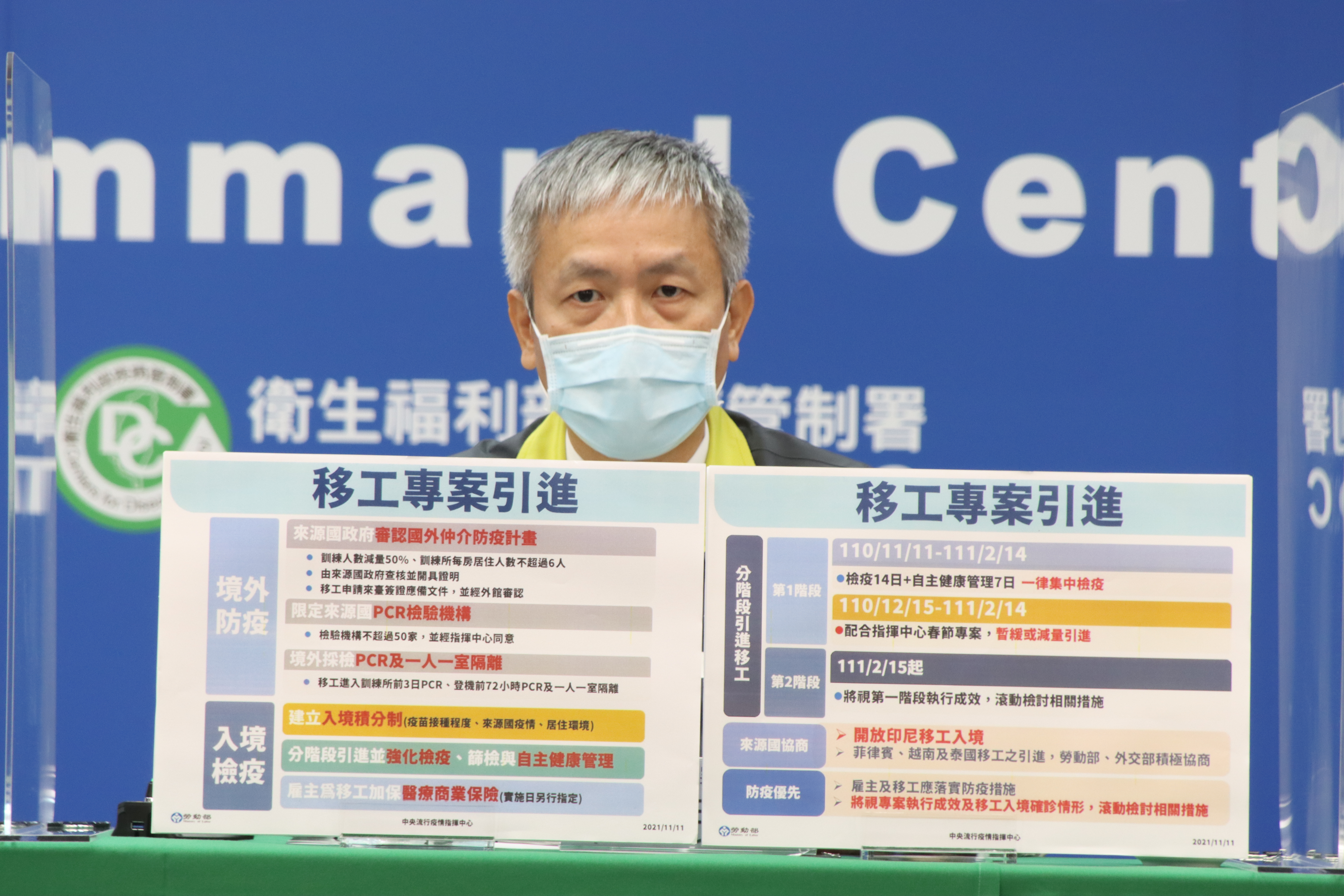 勞動部勞動力發展署署長蔡孟良說明移工引進專案，印尼籍移工優先開放。（指揮中心提供）