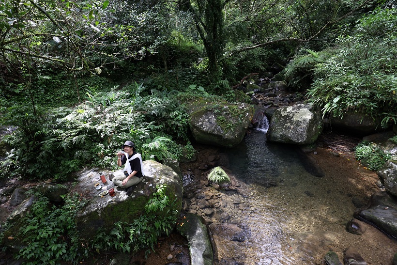 坐在溪畔享受咖啡、點心，陽光灑落，非常舒適。