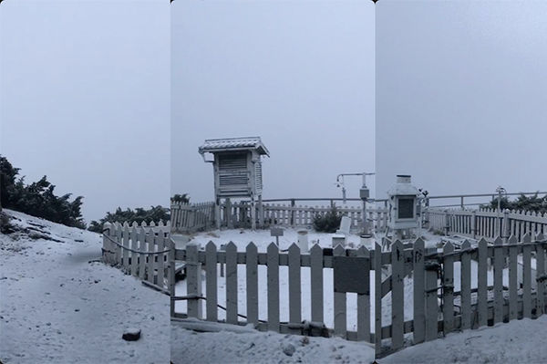 玉山站觀察員今（13日）凌晨時觀測到玉山地區有降雪，目前積雪已2公分，且持續降雪中。（玉管處提供）