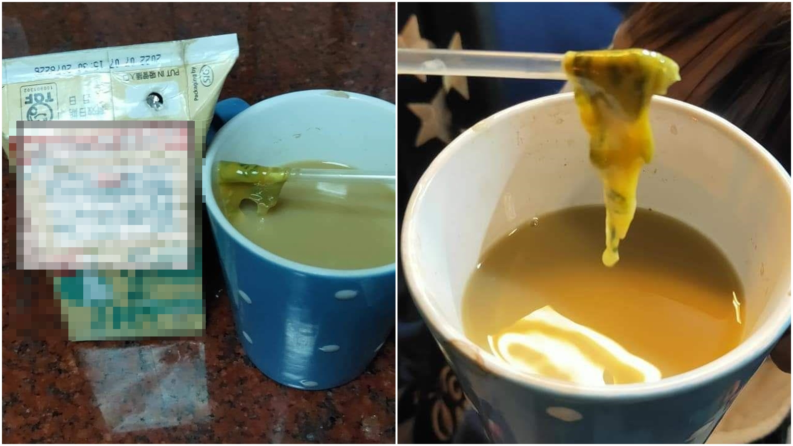 一名女網友透露，購買鋁箔包卻喝到噁心稠狀異物。（翻攝自爆料公社）