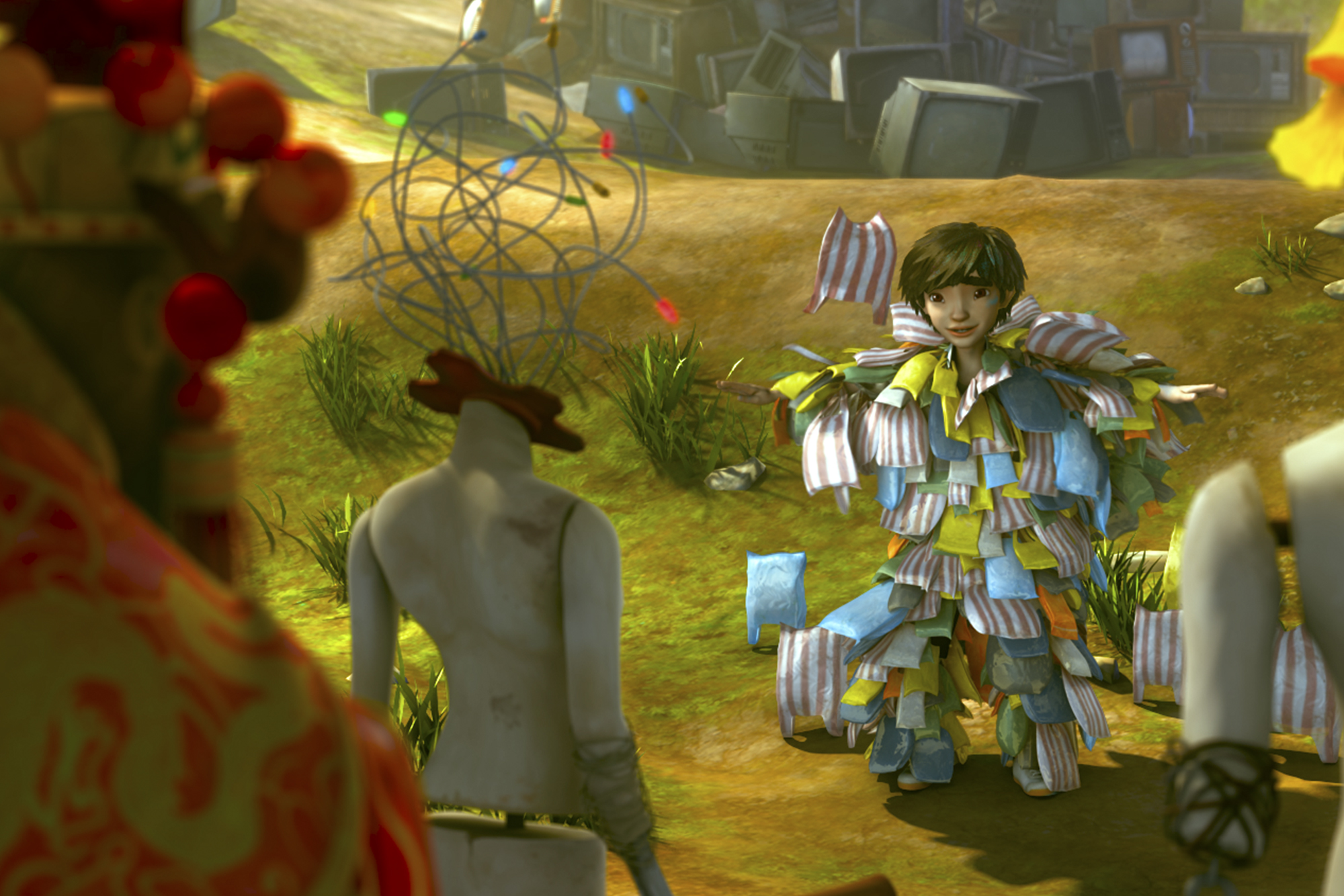 片中主角小樹自我放逐來到廢棄之城，遇見許多被拋棄的垃圾。（牽猴子）