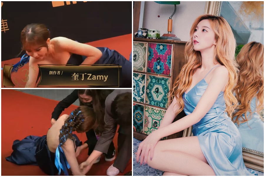 奎丁在走鐘獎紅毯仆街險些露點。（翻攝自上班不要看YouTub頻道、奎丁臉書）