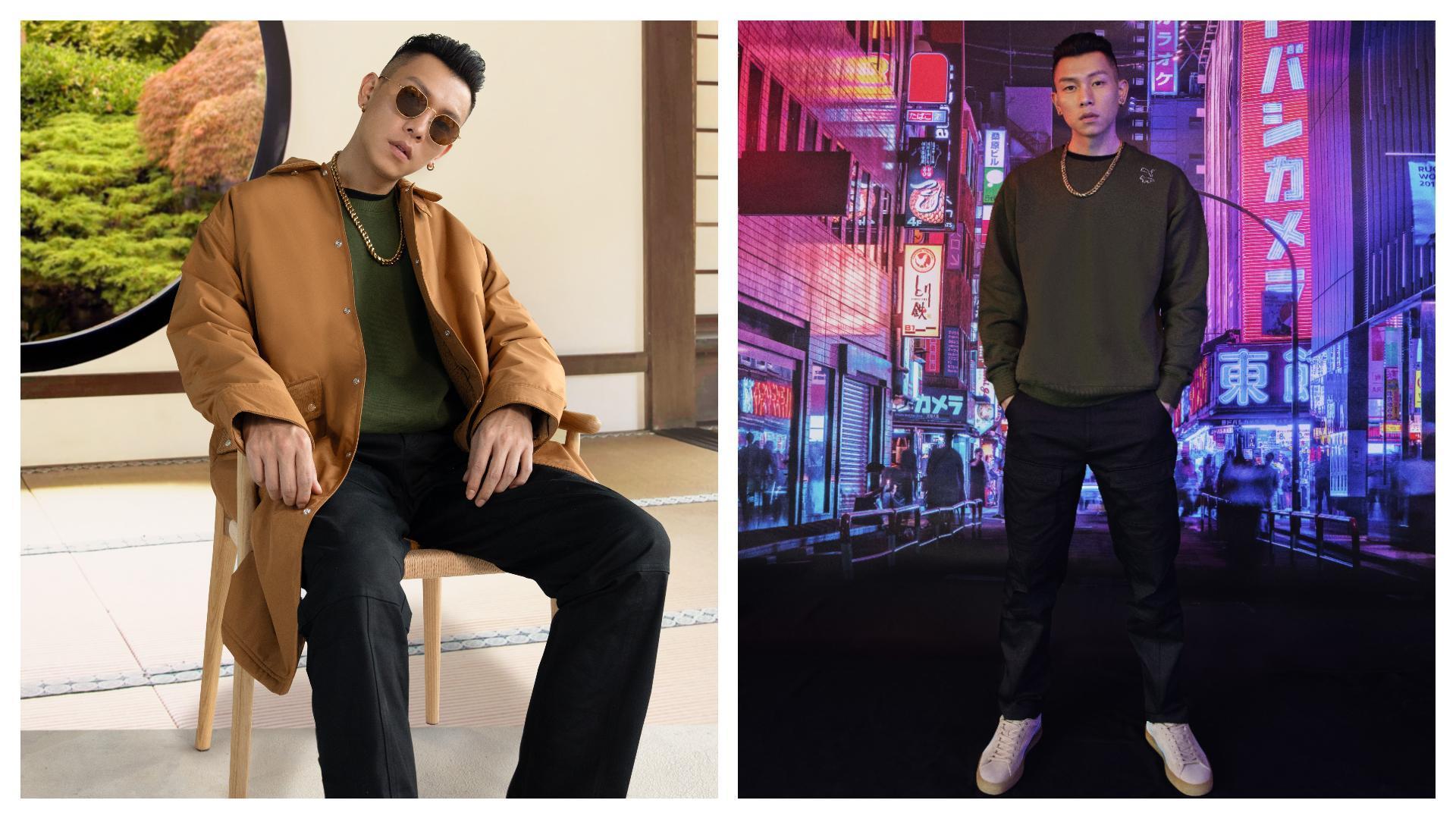 瘦子E.SO穿上PUMA x Maison Kitsune聯名系列圓領衫搭配同系列Cargo長褲，或是外罩一件風衣，利用秋冬的大地色系與簡單的單品，立即展現帥度。（PUMA提供）