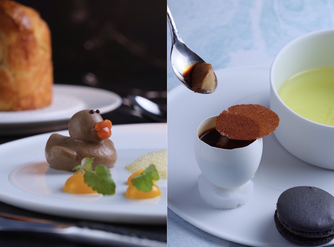 小鴨抺醬（左）、醬油烤布蕾（右圖左）和烏魚子馬卡龍（右圖右），選用台灣胭脂鴨肝及發酵、醃漬類食材入菜，以亞洲調味為法式料理帶來趣味、可產生共鳴的討論，也是一種為料理打造話題的技巧。