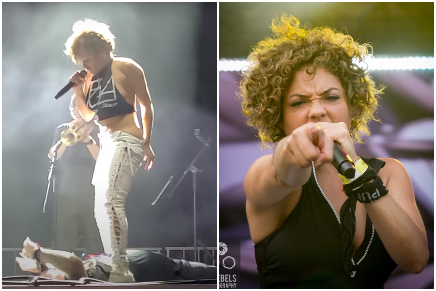 美國樂團「Brass Against」女主唱烏里斯塔做出驚人之舉，引發外界撻伐。（左圖翻攝自K Train 2787 Productions YouTube頻道，右圖翻攝自Brass Against臉書）