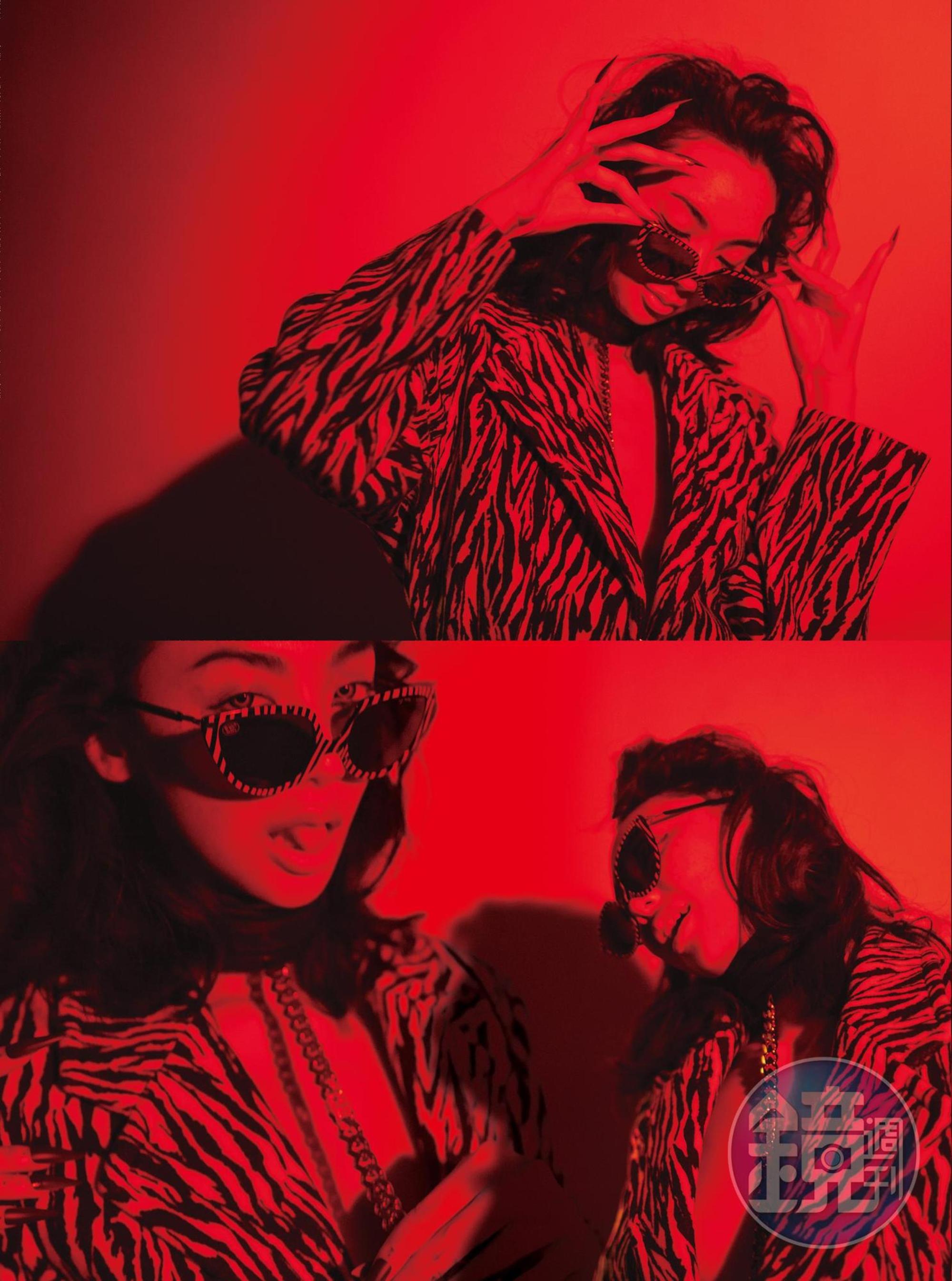 斑馬紋西裝外套 NT$37,300 by MSGM；MYKITA x Martine Rose斑馬紋太陽眼鏡 NT$18,000 by JEpoque；皮革頸鍊連身腰鍊 NT$70,600 by GUCCI。