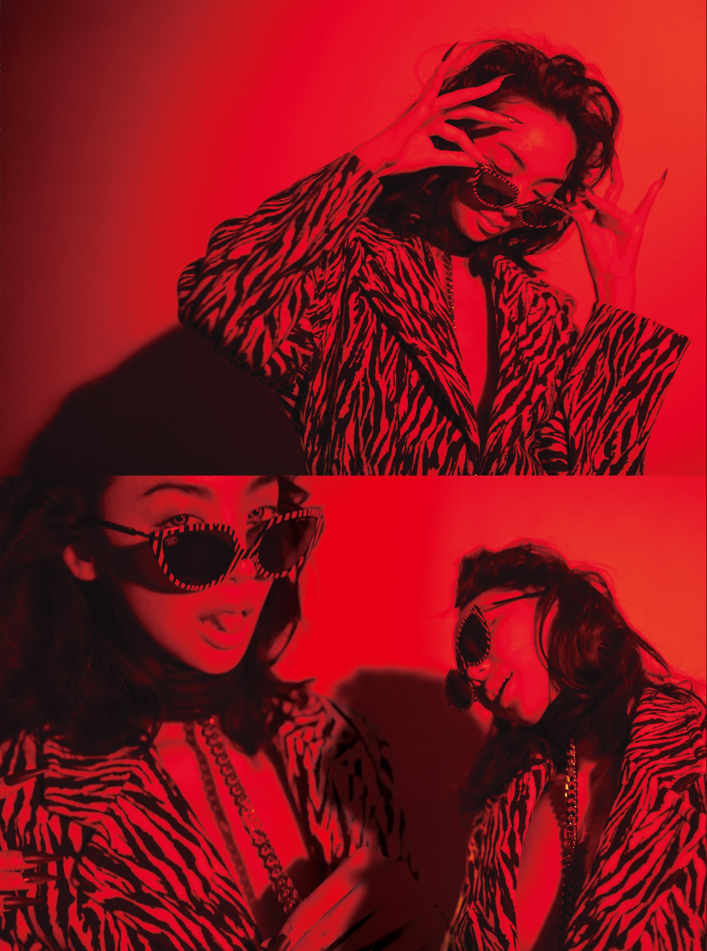 斑馬紋西裝外套 NT$37,300 by MSGM；MYKITA x Martine Rose斑馬紋太陽眼鏡 NT$18,000 by JEpoque；皮革頸鍊連身腰鍊 NT$70,600 by GUCCI。