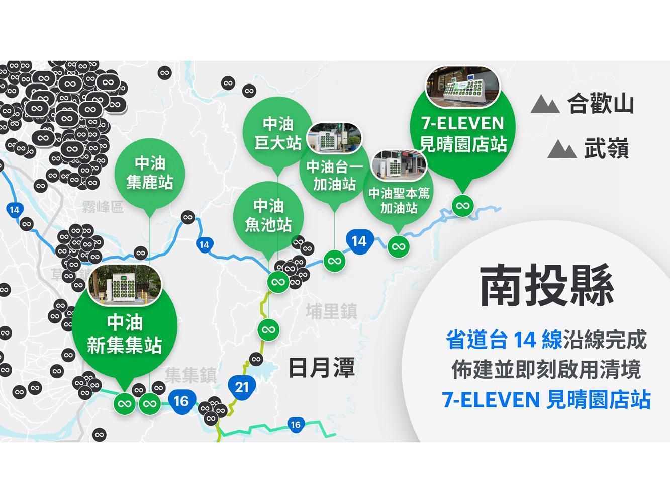 從埔里直奔合歡山武嶺旅遊路線,Gogoro Network 已完成清境「 7-ELEVEN 見晴園店站」、省道台 14 號上「中油台一加油站」和「中油聖本篤加油站」電池交換站的佈建並即刻啟用,供應 100 顆電池給欲登高的所有 PBGN 車主。