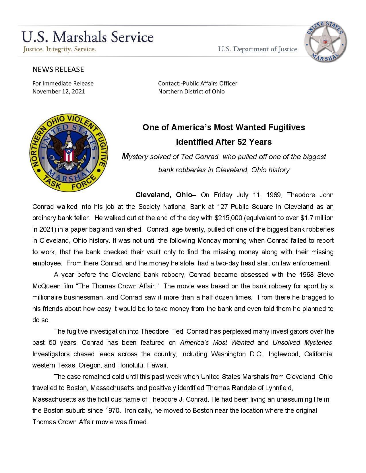 美國警方公布確認康拉德身分的文件。(翻攝U.S. Marshals Twitter)