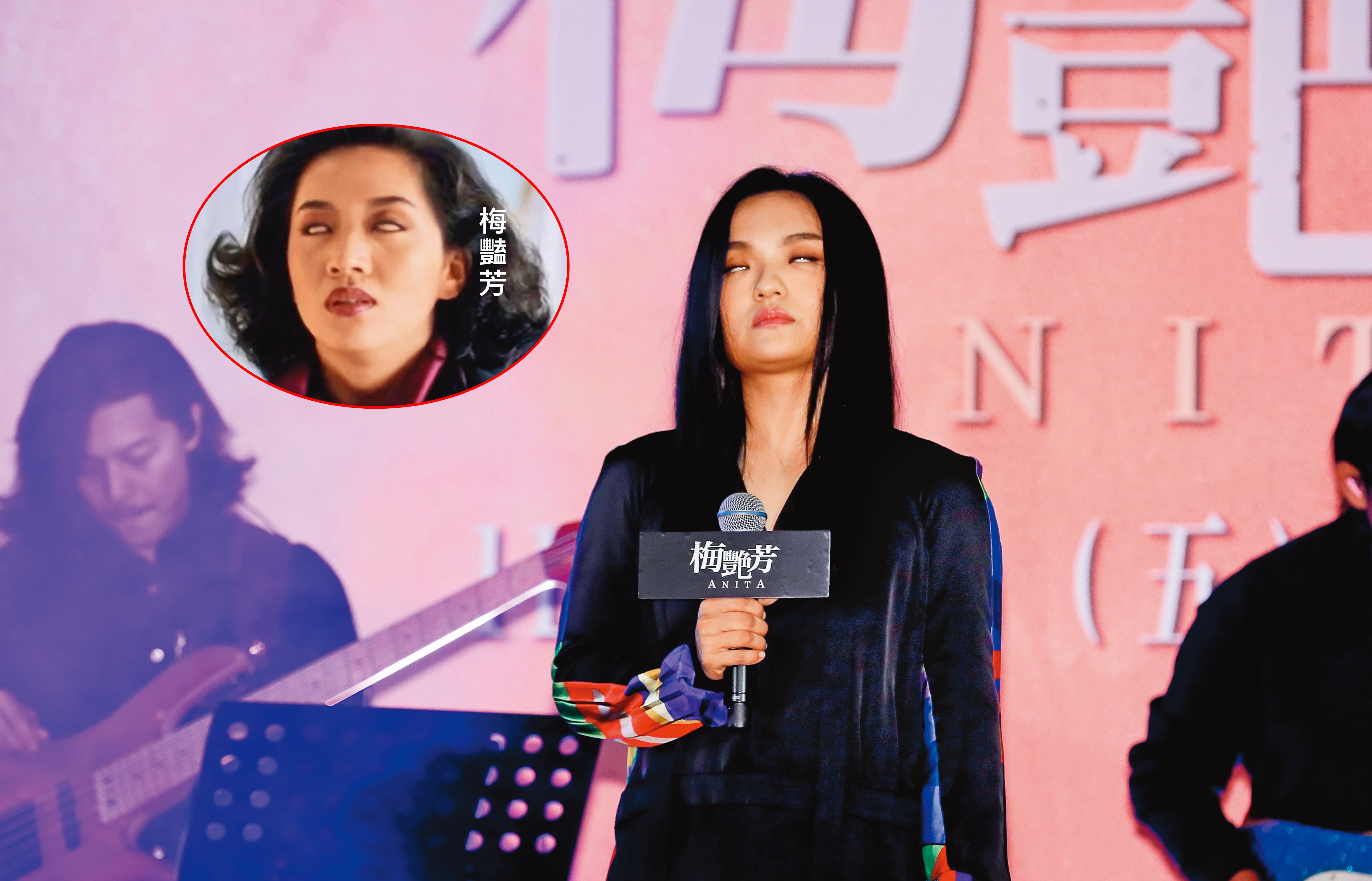 徐佳瑩獻唱梅艷芳的經典名曲〈女人花〉，突然翻白眼，莫非梅姑（小圖）上身起乩了嗎？（拜）
