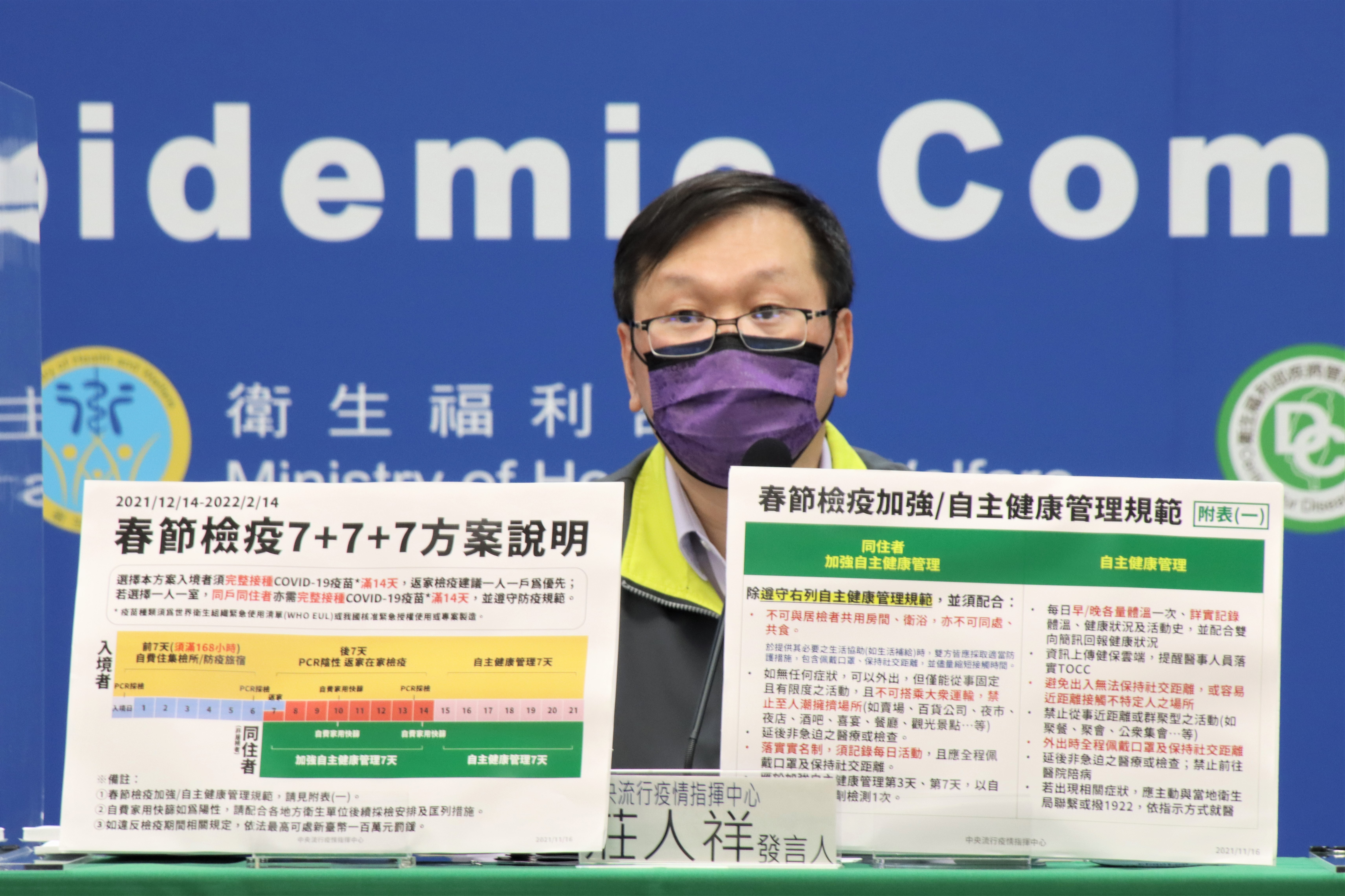 莊人祥說明春節檢疫的3種方案，以及同住者必須遵守的規定。（指揮中心提供）