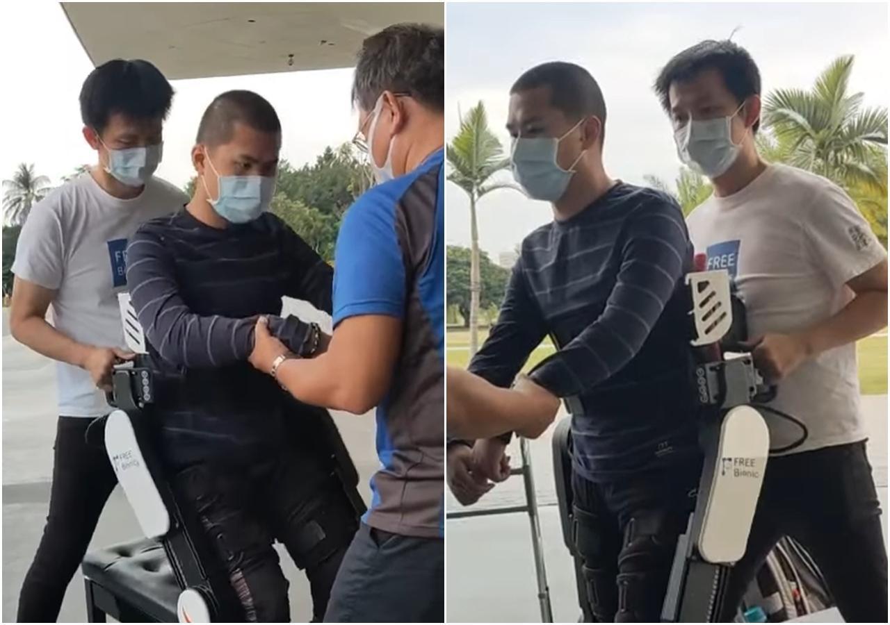 秦良丰靠著鋼鐵般的意志力復健，目前已可靠著「外骨骼輔助器材」練習走路。（翻攝自秦天人臉書）
