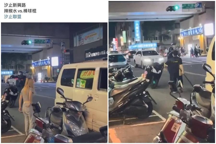 新北市汐止昨(16日)再爆因行車糾紛,一名男子竟也拿球棒作勢打人,所幸機車騎士以辣椒水自衛,氣得對方喊報警。(翻攝自臉書汐止聯盟社團)