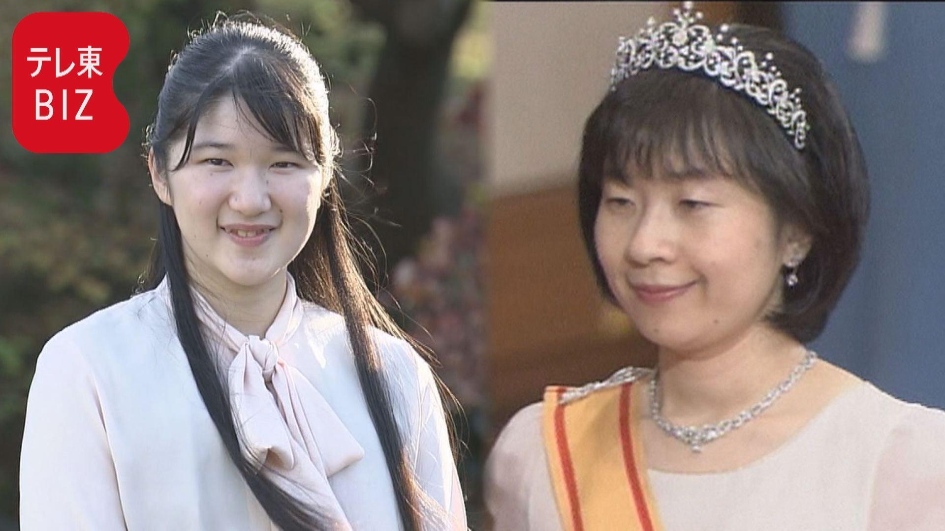 愛子公主(左圖)將借用姑姑黑田清子的皇冠迎接下月5日的成年禮。(翻攝東京電視台畫面)