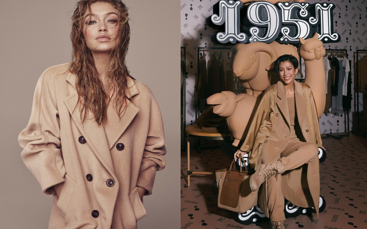 超模吉吉哈蒂（左圖）與台灣網紅莫莉（右圖）身穿著MaxMara大衣。（MaxMara提供、翻攝自莫莉IG）