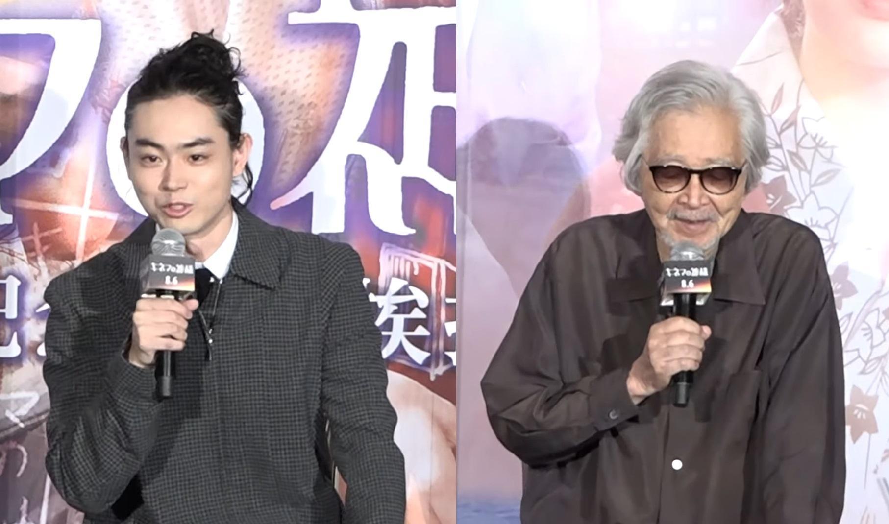 菅田將暉（左圖）在宣傳活動上爆料永野芽郁的可愛魅力也擄獲山田洋次導演（右圖）的心。（翻攝自YouTube畫面）