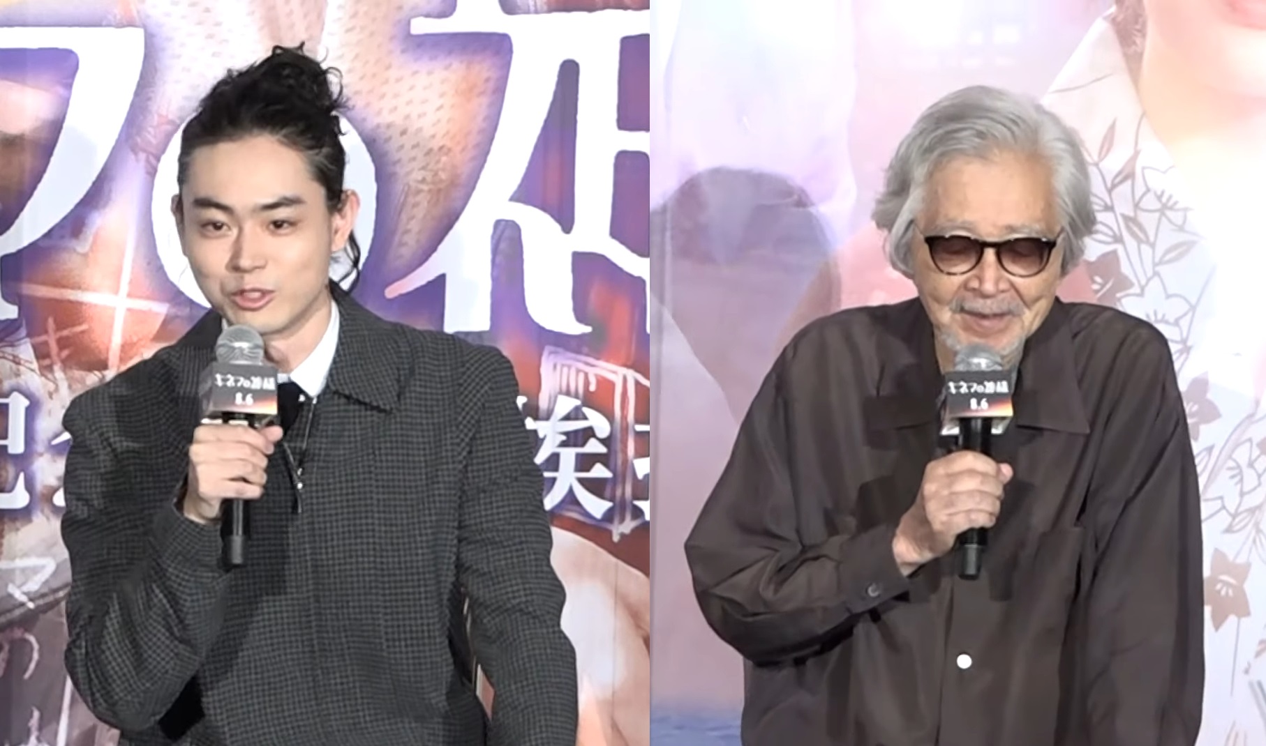 菅田將暉(左圖)在宣傳活動上爆料永野芽郁的可愛魅力也擄獲山田洋次導演(右圖)的心。(翻攝自YouTube畫面)