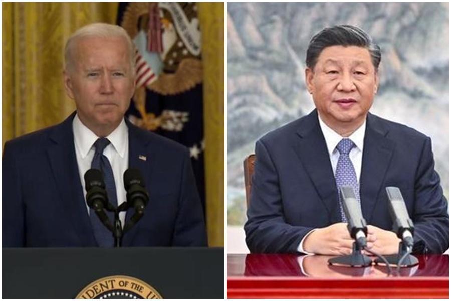 美國總統拜登（左）今天證實「考慮外交杯葛明年的北京冬奧」，但在日前與中國最高領導人習近平（右）視訊會議時，並未提及此事。（左圖翻攝自白宮推特，右圖翻攝自新華社官網）