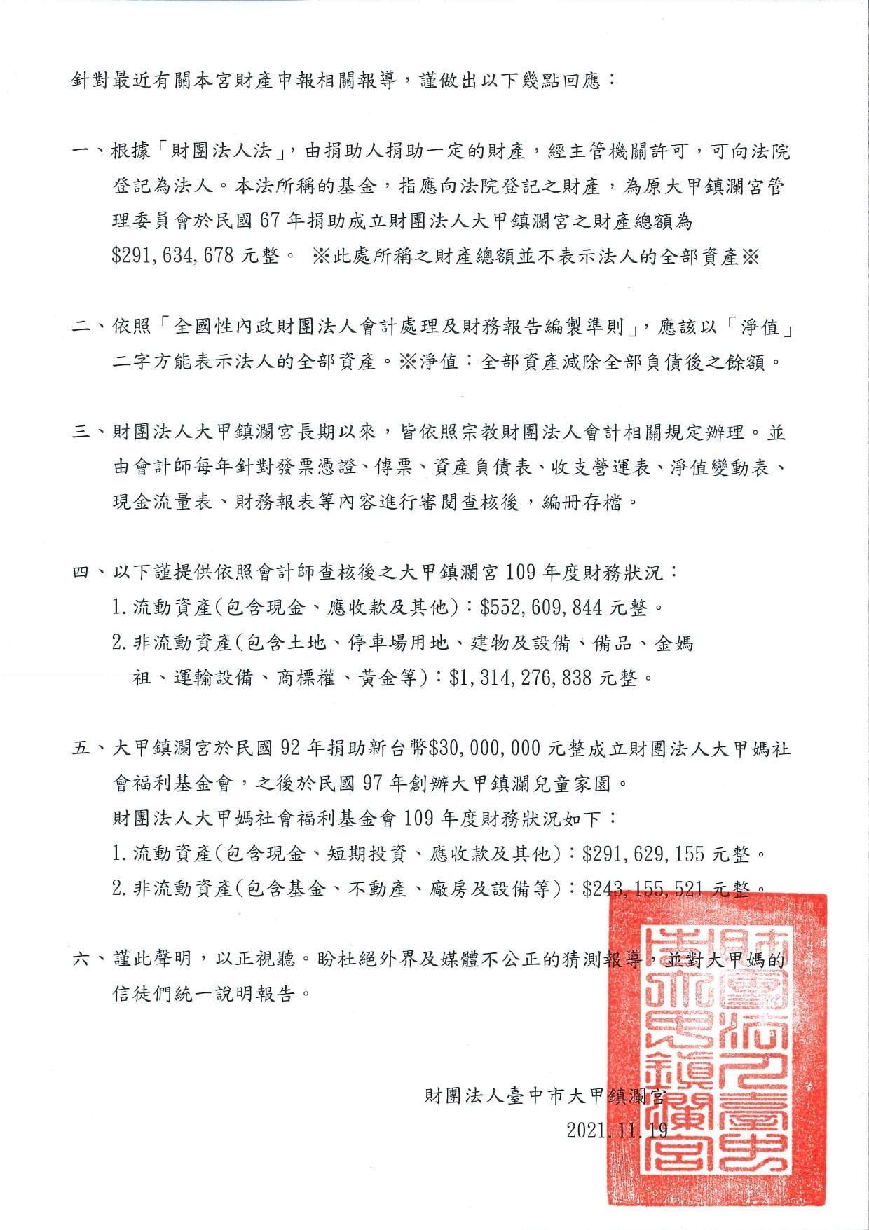 廟方稍早公布財報自清,盼能杜絕外界的流言及揣測。(翻攝大甲鎮瀾宮臉書)