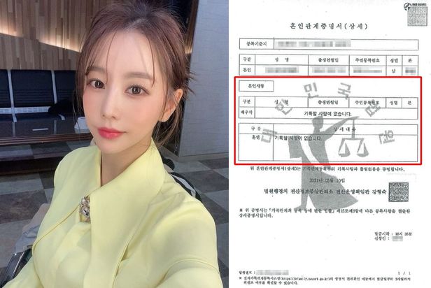 韓國女星黃寶美被以破壞家庭告上法院，她公開男友偽造的結婚紀錄證明書表示自己是受害者。（網路圖片）