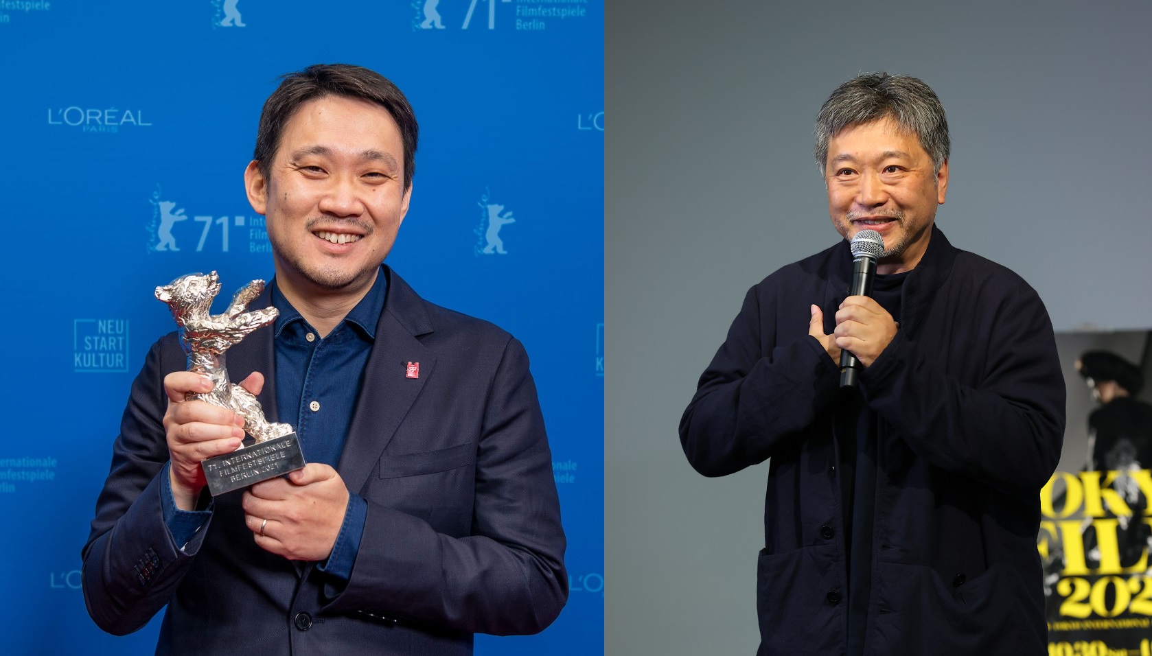 濱口竜介（左圖）今年以《偶然與想像》勇奪柏林影展評審團大獎，是枝裕和看完這部作品後直呼好嫉妒。（左圖為東昊影業提供，右圖東京國際影展提供）