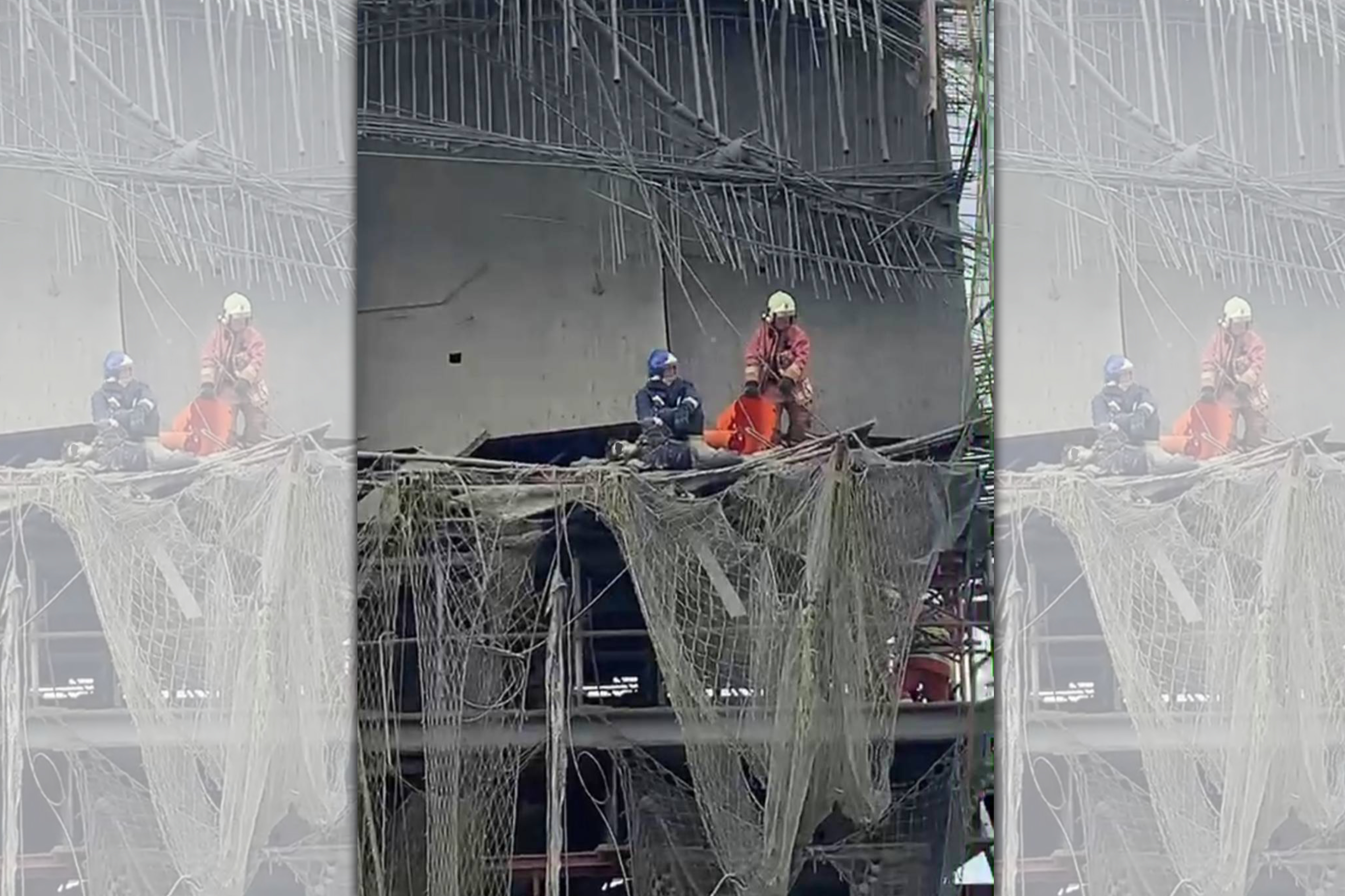 三鶯線工地發生橋墩灌漿倒塌事故，一名工人受困鷹架待救。（翻攝畫面）