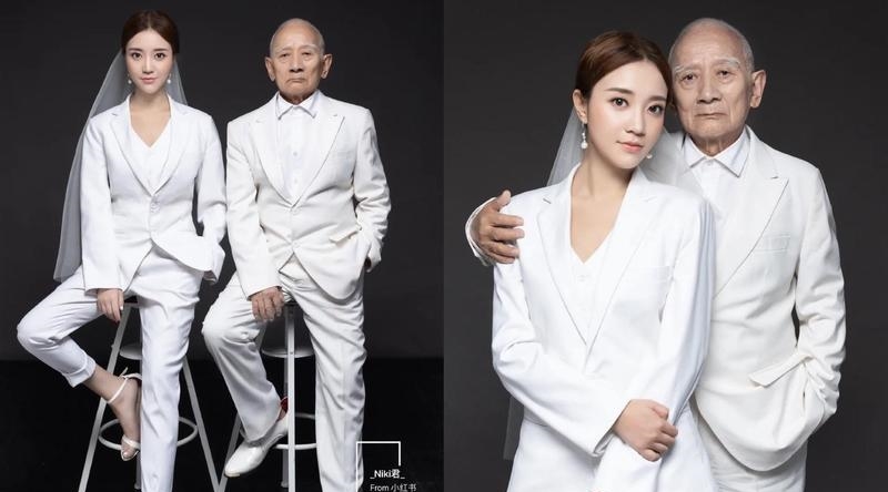 中國正妹博主「Niki君」之前和外公拍的寫真照，竟被中國網友捏造成是老少配，讓她相當憤怒。（翻攝自Niki君小紅書）